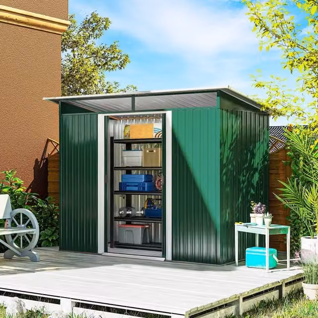 OUTSUNNY Green Galvanised Steel Pent Garden Shed with Double Sliding Doors and Internal Shelves