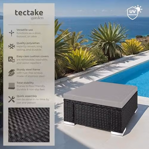 tectake Bitonto Rattan Footstool in Black and Grey – 3