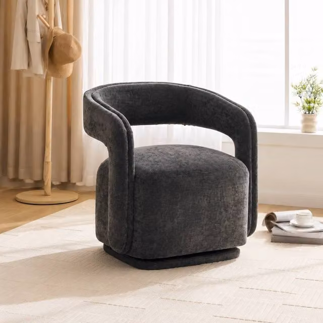 STILVORA Grey Chenille Tub Armchair with 360 Degree Swivel Base and Solid Wood Frame – 1
