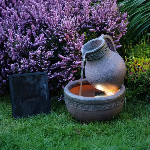 Primrose Solar Powered Jug and Bowl Water Feature with LED Lights in Brown