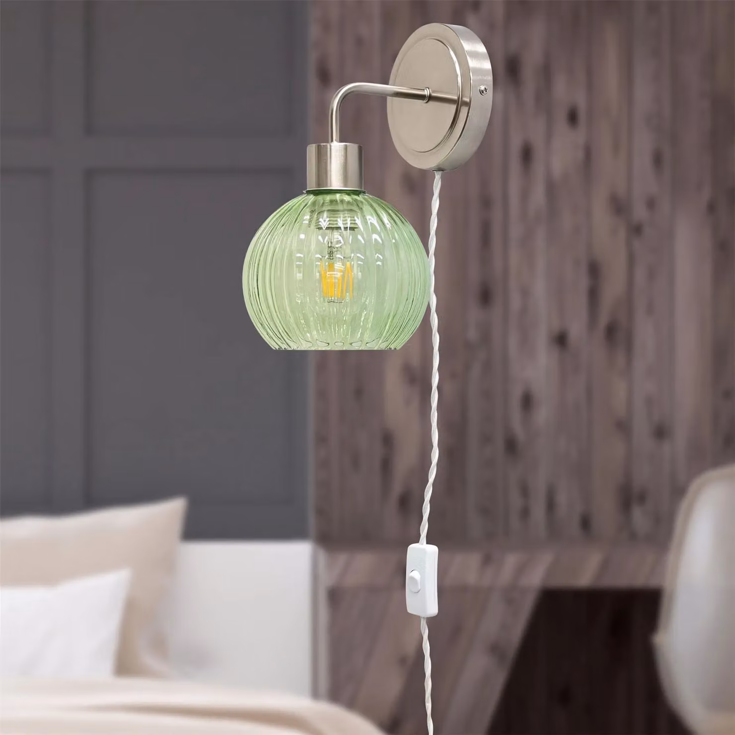 First Choice Lighting Toby Plug in Wall Light with Green Glass Shade in Silver – 2