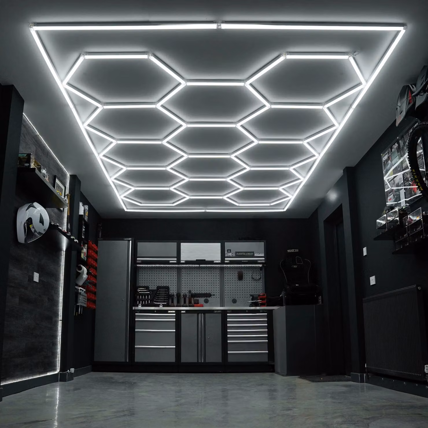 Monstershop Hexagon LED Light and Vented Garage Floor Tiles with Edges, Black, 120 Pack – 3