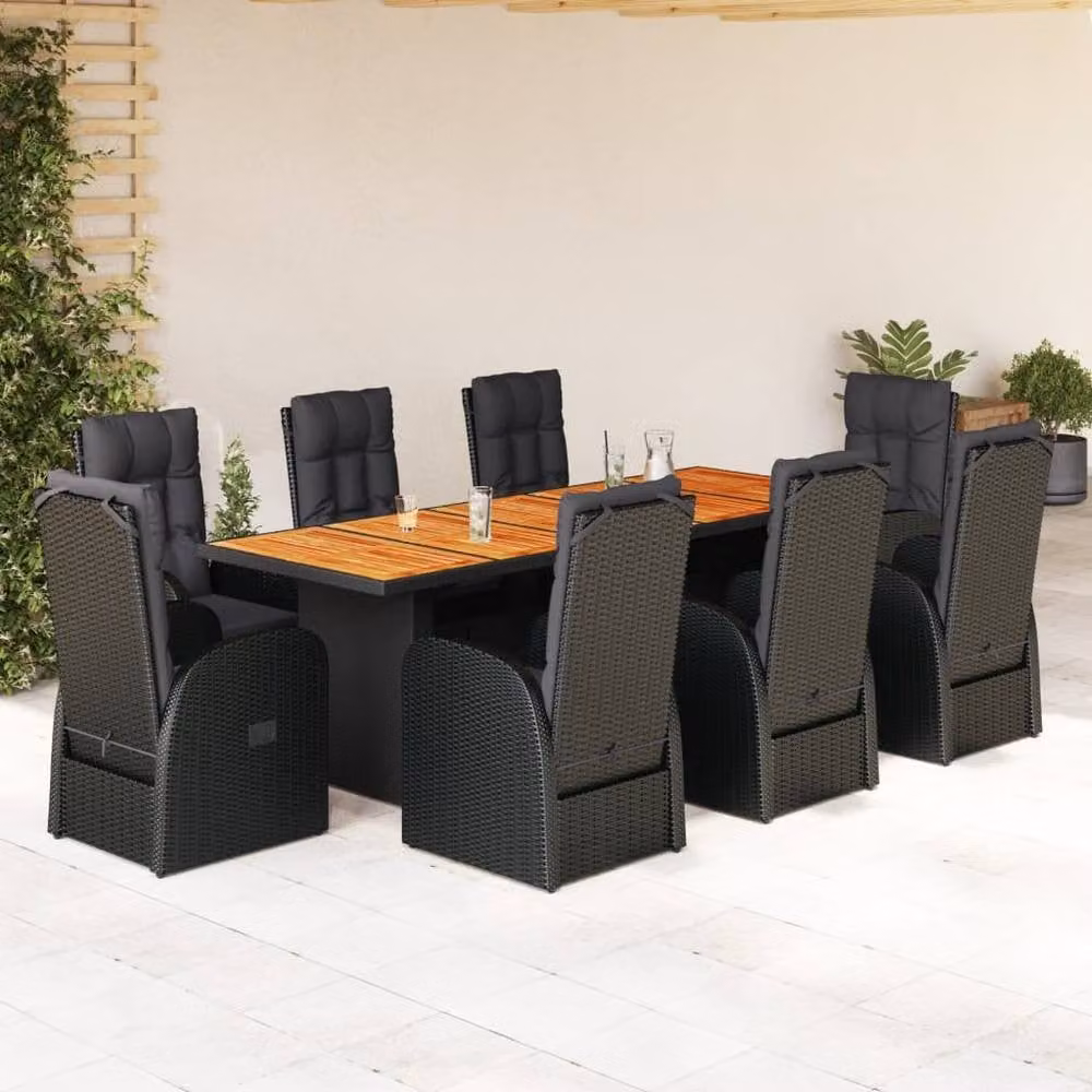 Berkfield Home Beautiful 9 Piece Garden Dining Set with Cushions in Black Poly Rattan and Oiled Acacia Wood – 1