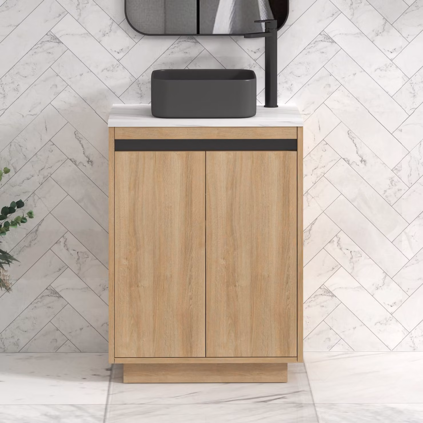 Royal Bathrooms Orion 800mm Natural Oak Floor Standing 2 Door Vanity Unit with Art Square Basin and Black Accent Trim
