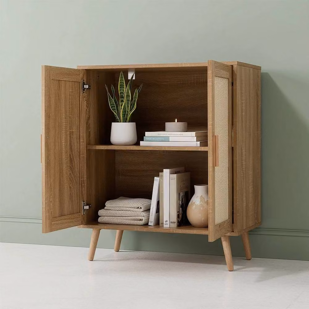 KORVIXA Rustic Wooden Storage Cabinet with Rattan Hinged Doors, Brown, W/D/H: 89.0 x 75.0 x 40.0 cm – 3