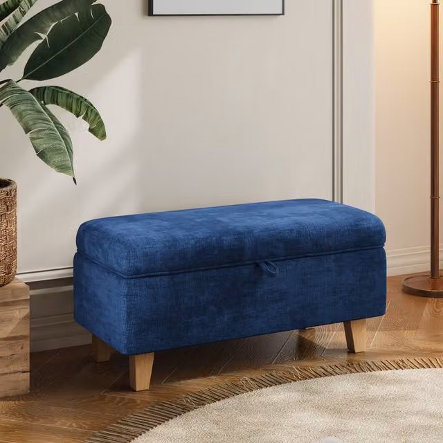 Livingandhome Blue Teddy Fleece Upholstered Rectangular Storage Footstool