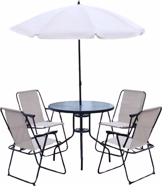 Furnold 6 Piece Bistro Set with Round Glass Table, 4 Chairs and Parasol in Brown and White