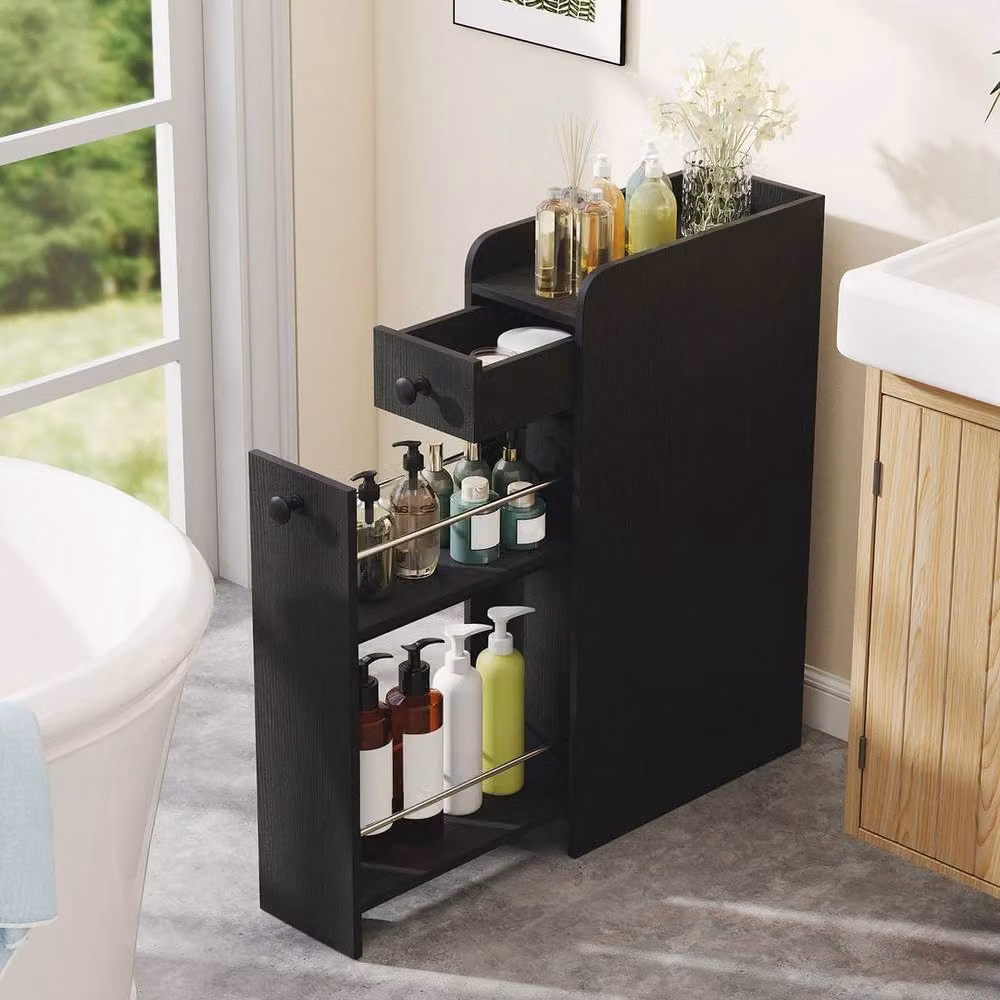 FORGEVIO Narrow Modern Bathroom Storage Cabinet with Slide-Out Drawer in Matt Black Metal – 3