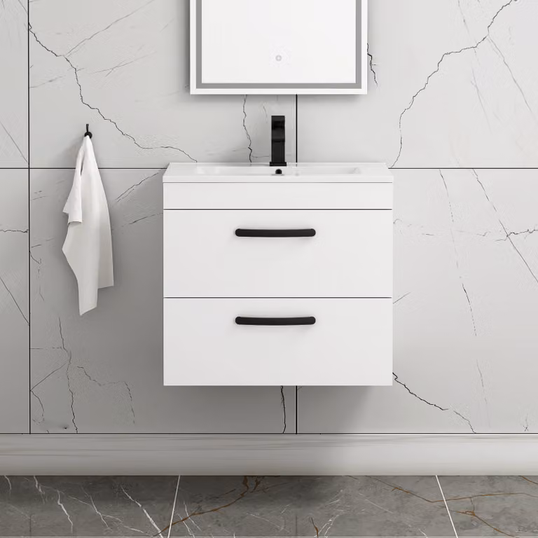 Royal Bathrooms Turin Wall Hung Vanity Unit, Gloss White with Matt Black Handles, 600mm Width