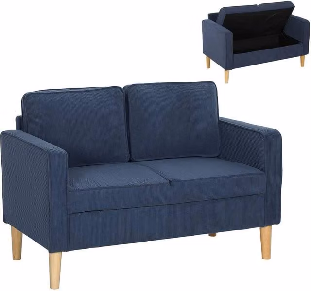 FORGEVIO Compact 2 Seater Upholstered Sofa in Blue with Under Seat Storage, W/D/H: 117 x 79 x 63 cm – 1