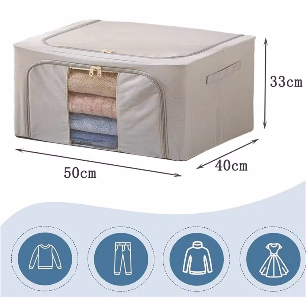 VOGREX 3-Piece Set of Foldable Zipped Fabric Storage Bags for Clothes and Wardrobes in Beige – 2