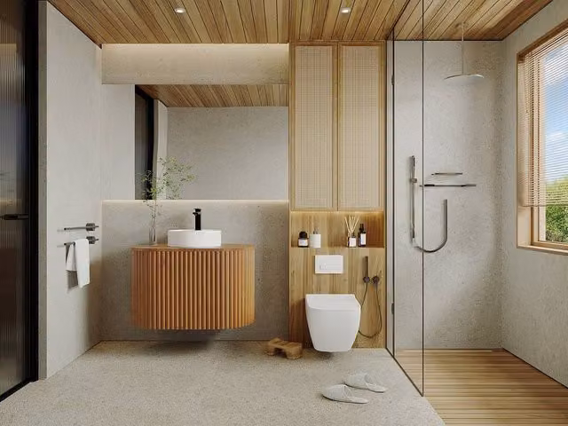 Vente-unique TOWARI Hanging Teak Bathroom Vanity with Basin in Light Oak – 1