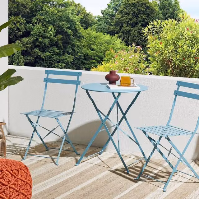 Wyld and Coco 3-Piece Metal Folding Bistro Set in Blue – 1