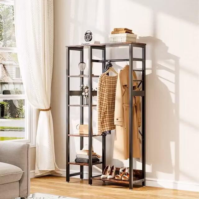 Komore Vintage Clothes Rail with Continuous Linear Rail in Brown and Black