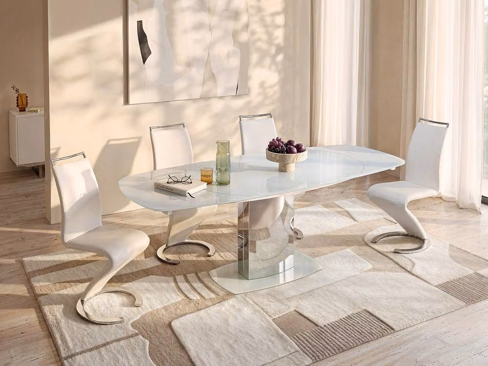 Vente-unique Modern Extendable Dining Table with Rotating Top in White and Grey Glossy Tempered Glass and Metal – 2