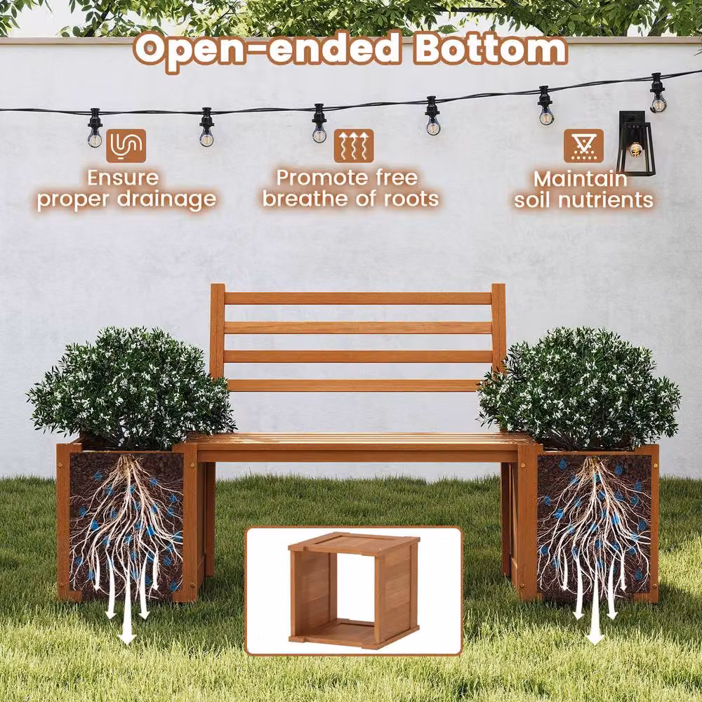 Costway Wood Outdoor Planter Box with Bench Seat and Backrest in Natural Brown – 6