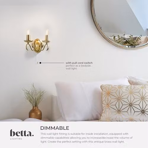Netlighting Bernice 2 Light Classic Candle Wall Light in Gold/Brass with Dimmable Pull Cord Switch and E14 Bulb Compatibility – 2