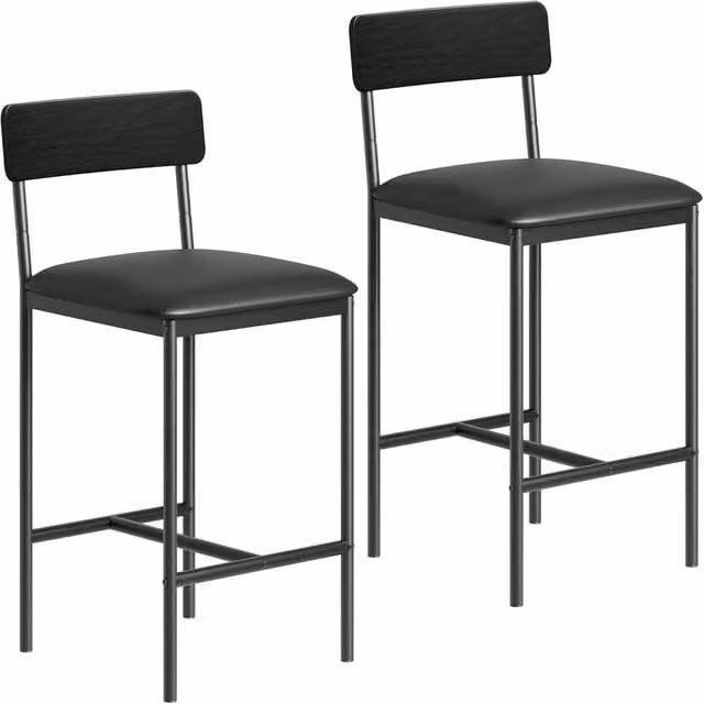 London Boutique Set of 2 Upholstered Counter Height Bar Stools in Black Synthetic Leather – 1