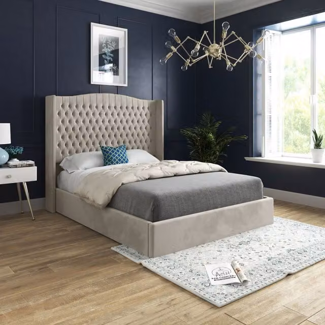 KDMD Rana Curved Top Winged Upholstered Soft Velvet Bed Frame in Cream, Super King, H 137 cm x W 200 cm x D 189 cm – 1