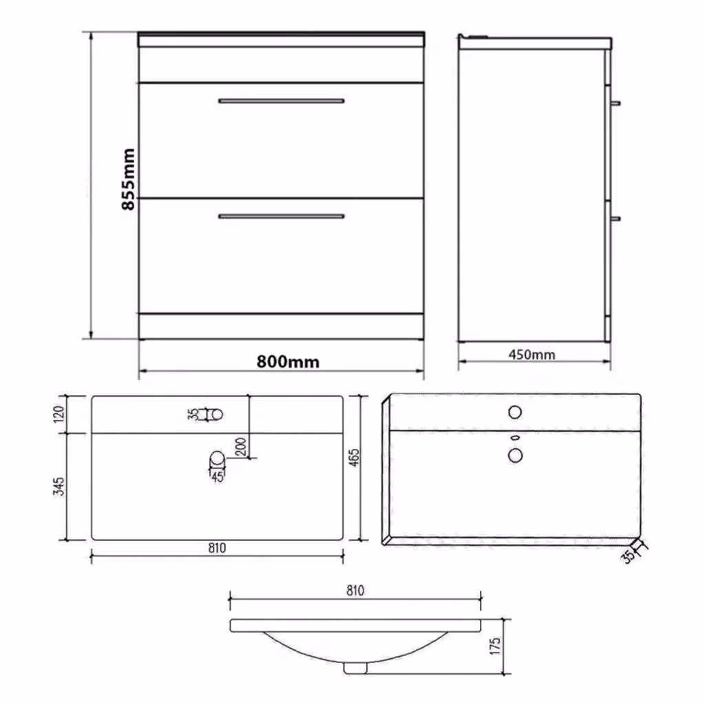 Clifton Grey Gloss 2 Drawer Standing Unit with Ceramic Basin, Width: 80 cm – 2