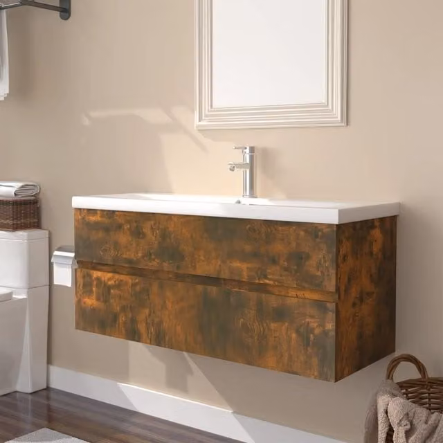 Berkfield Home Sink Cabinet with Built-in Basin in Smoked Oak Brown Engineered Wood