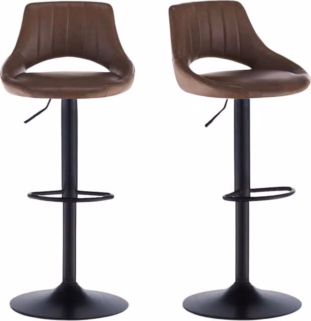 Furnold Set of 2 Brown PU Leather Swivel Barstools with Height Adjustment and Curved Hollowback Design