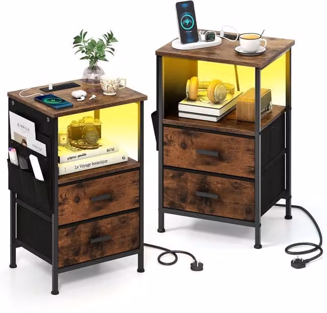 Costway Industrial End Table with Charging Station in Brown