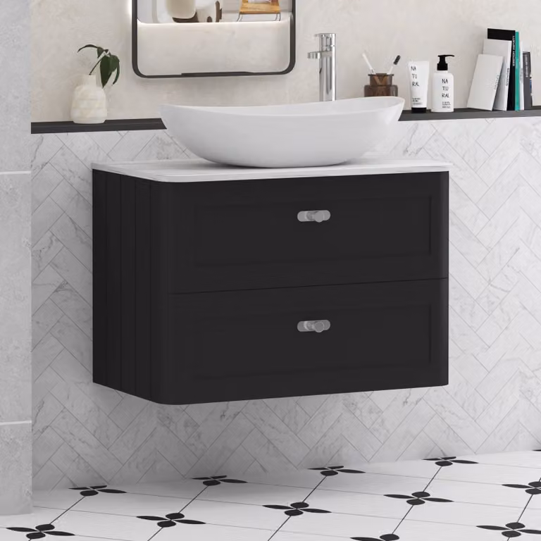 Royal Bathrooms Henley 800mm Matt Nocturne Black Wall Hung 2 Drawer Vanity Unit with Cesar Basin and Chrome Knob