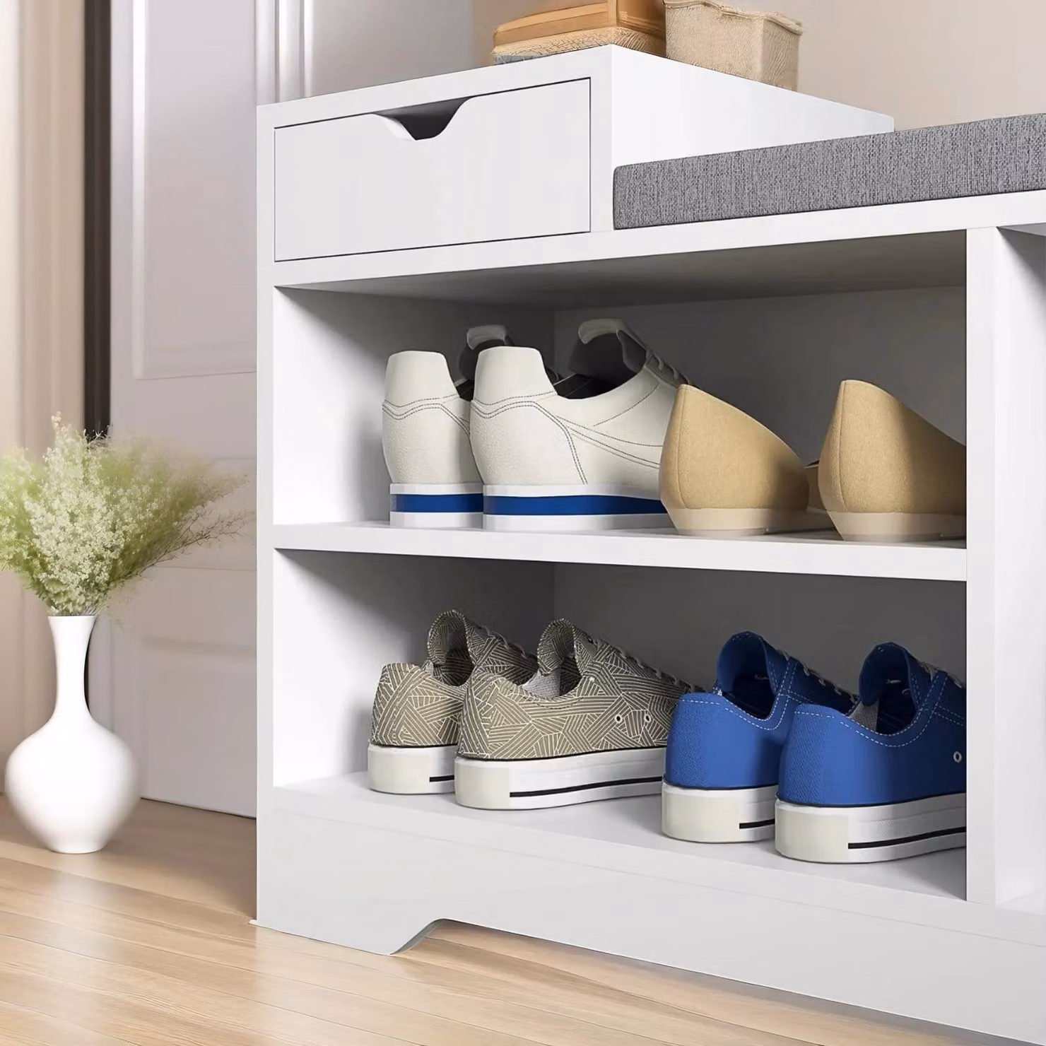Pirlo Plush Industrial Shoe Storage Bench with 3 Open Shelves in White, W/D/H: 135 x 52 x 30 cm – 2