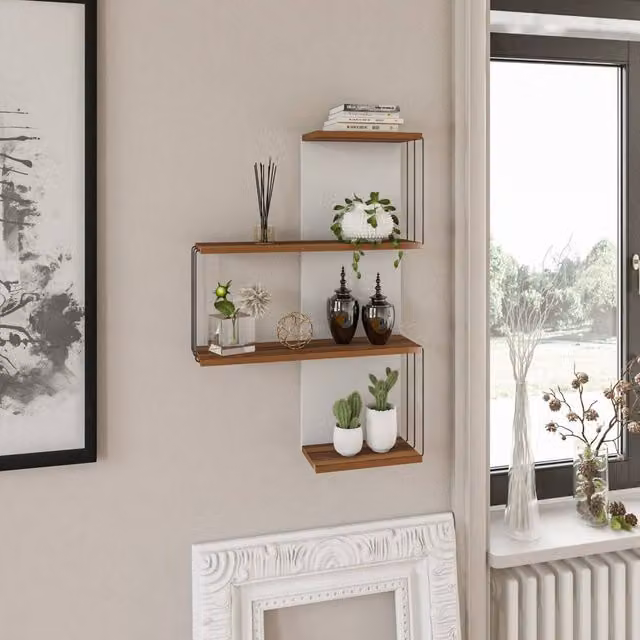 CALICOSY CAMBEL 4-Shelf Industrial Wall Mounted Shelf in Walnut, Height: 96 cm