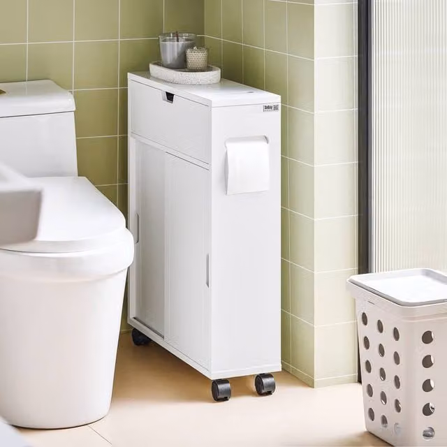 SoBuy Slim White Matt Bathroom Side Cabinet with Sliding Doors and Internal Shelves