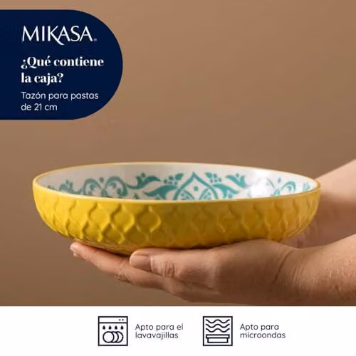 Mikasa Glazed Stoneware Geometric Pasta Bowl in Yellow and Blue, 21 cm – 3
