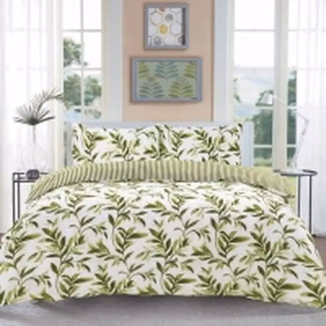 Homes-Linen Ellie Leaf Reversible Floral Duvet Cover Set in Green and White, Single (90 x 200 cm)