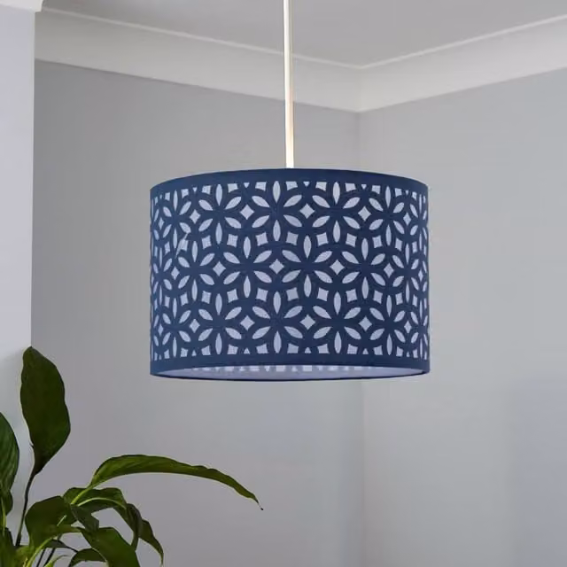 First Choice Lighting Navy Blue Laser Cut Fabric Cylinder Pendant Light Shade, Diameter: 30 cm – 1