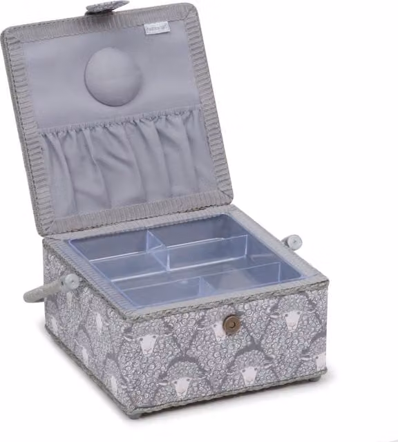 HobbyGift Square Sewing Box in Grey Sheep and Silver