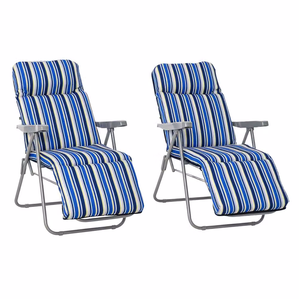 Outsunny Set of 2 Adjustable Sun Loungers with Armrests and Weatherproof Cushions in Blue – 2