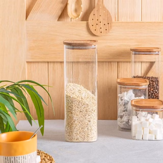 Argon Tableware Square Glass Storage Jar with Wooden Lid, Transparent/White, 2.2l