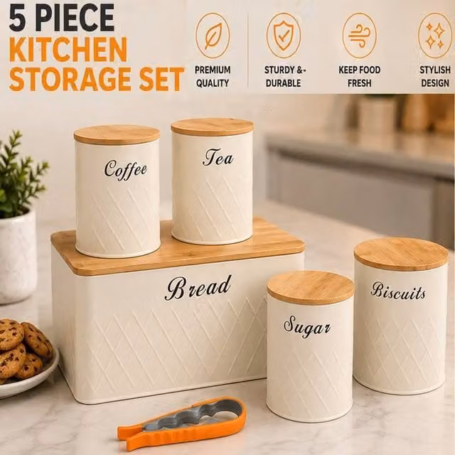 ATEK 5-Piece Airtight Kitchen Canister Set in Cream with Bread Bin, Sugar, Tea, Coffee and Biscuit Jars and Can Opener – 1
