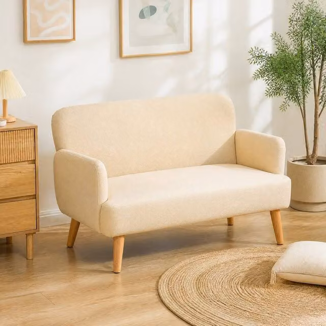 STILVORA 2 Seater Upholstered Fabric Sofa in Beige with Rubberwood Legs – 1