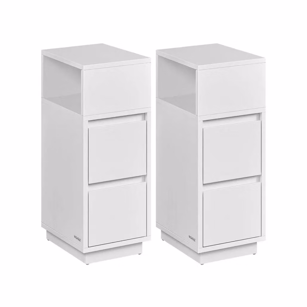 VASAGLE Set of 2 Slim Narrow Bedside Tables with Drawers and Open Compartment in White – 2