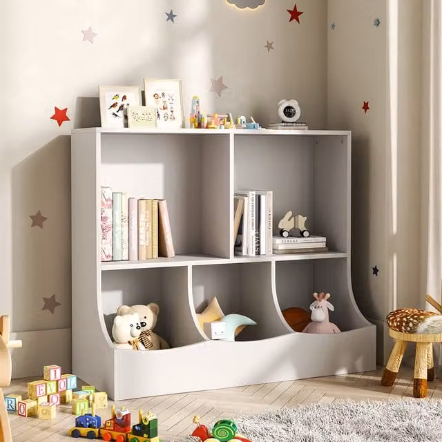 Livingandhome 2-Tier Open Style Toy Storage Organizer with Bookcase in White