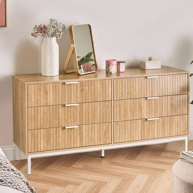 Wyld and Coco Six-Drawer Scandinavian Chest in Light Brown MDF with Metal Legs
