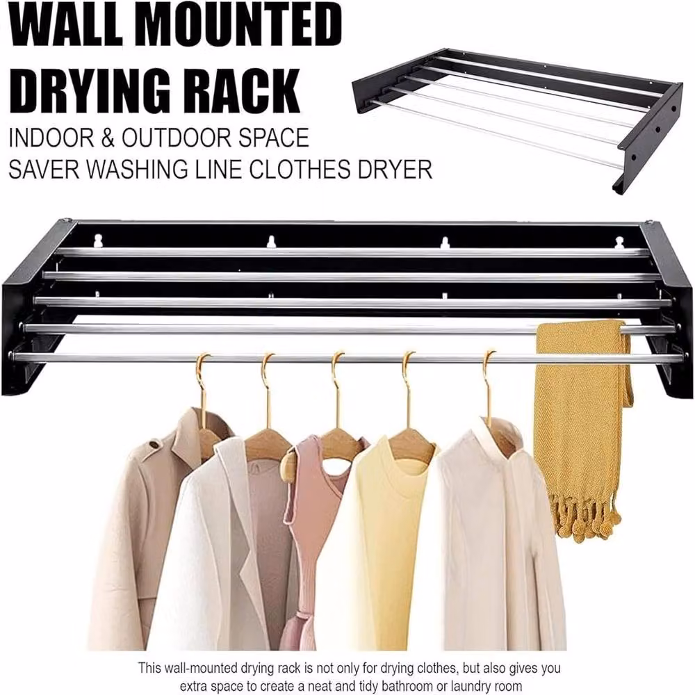 ATEK Wall Mounted Retractable Laundry Drying Rack in Black, W: 80 cm, D: 35 cm, H: 35 cm – 2