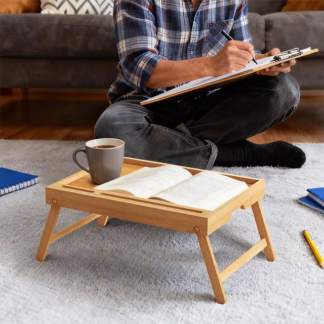 Toque Bamboo Foldable Bed Tray Table with Phone Holder in Yellow and Brown