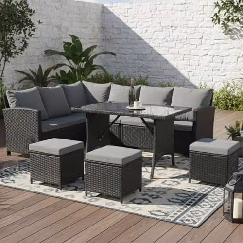 BIRCHTREE 9 Seater Black Rattan Garden Furniture Set with L-Shape Sofa, Ottoman and Coffee Table – 2