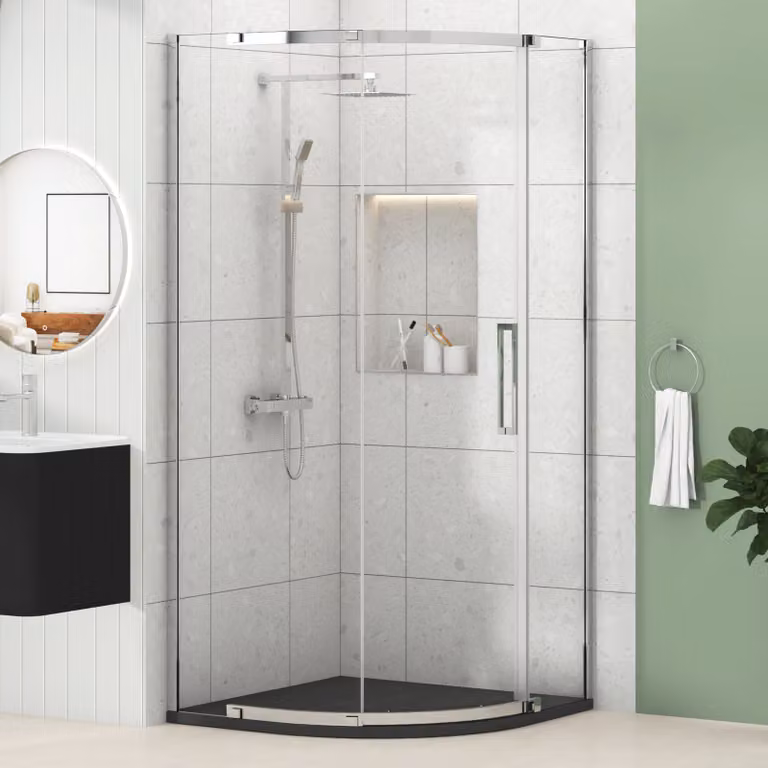 Royal Bathrooms Chelsea Single Door Quadrant Shower Enclosure with Black Mineral Cast Stone Tray, 8mm Easy Clean Glass, Height: 195 cm, Width: 90 cm, Colour: Silver and Black