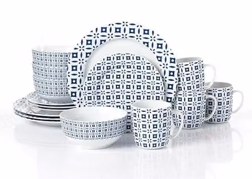Waterside 16-Piece Blue and White Geometric Porcelain Dinner Set – 1