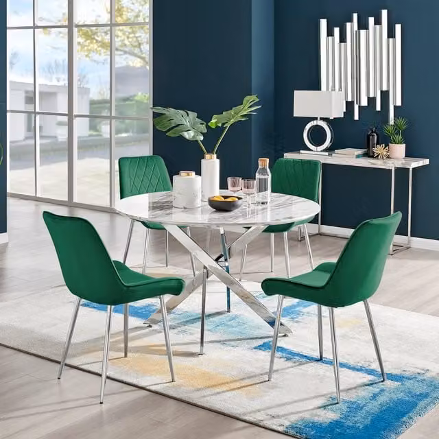 FurnitureboxUK Novara Round White Marble Effect Dining Table and 4 Pesaro Silver Chairs in Green