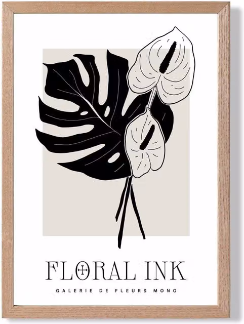 ARTZE Arum Lilies Black and Beige Floral Ink Sketch Framed Print with Oak Frame, W/H: 21.0 x 29.7 cm