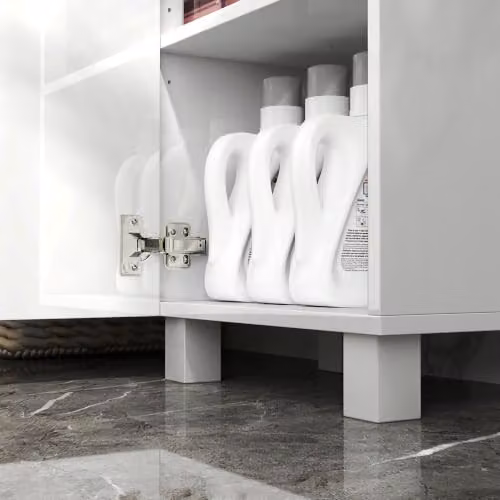 HOMCOM Tall Freestanding Bathroom Storage Cabinet with 2 Hinged Doors in White High Gloss – 5